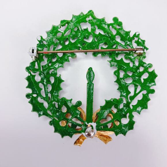 Vintage Weiss Mid Century Enamel Christmas Wreath Brooch Bow Rhinestone Candle - Picture 9 of 11